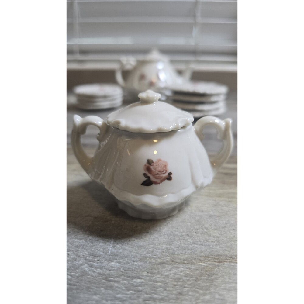 Vintage Miniature Porcelain Tea Set White Pink Rose Scalloped Teapot Sugar Bowl - Picture 3 of 16